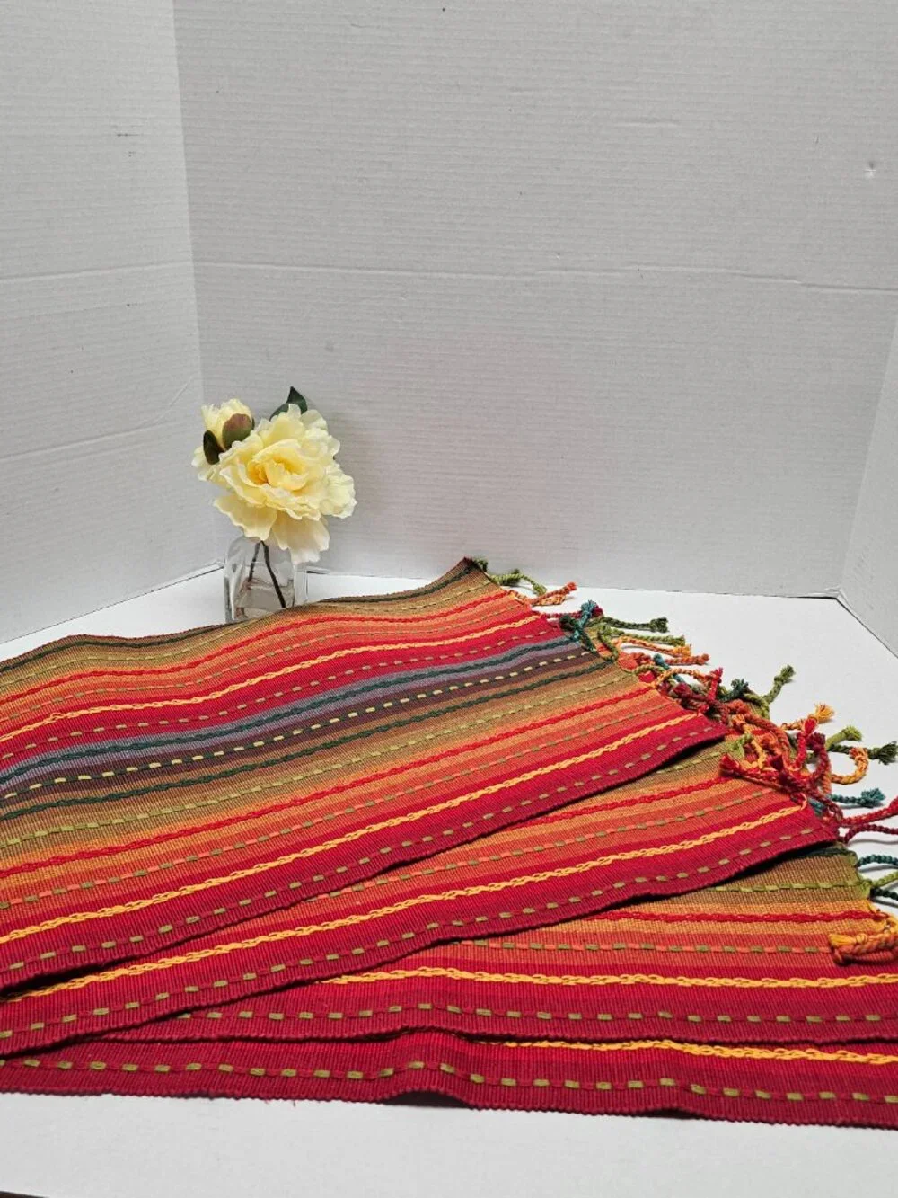 4 Lot Bundle Pier 1 Stripped Fringed Placemats Southwest Boho Warm Colors